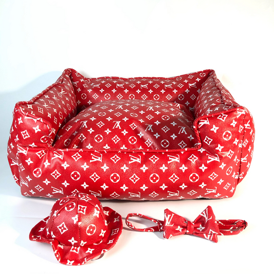 Red Vegan Leather LV Dog Bed