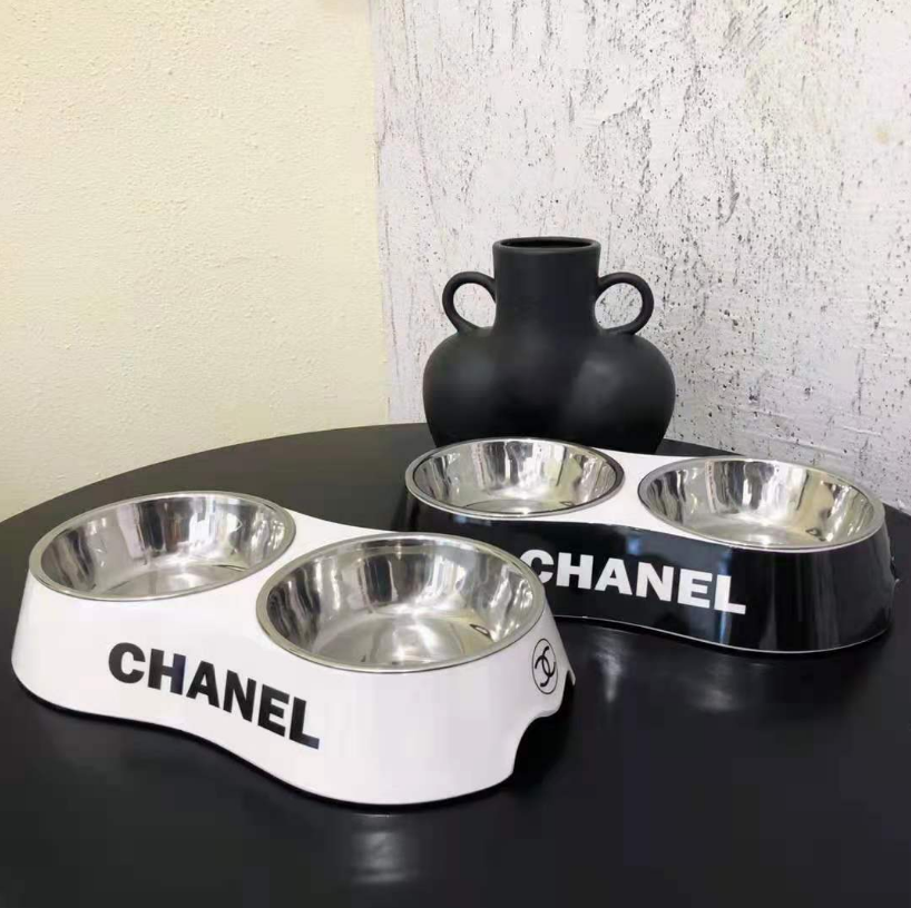 Black White CC Double Dog Bowl